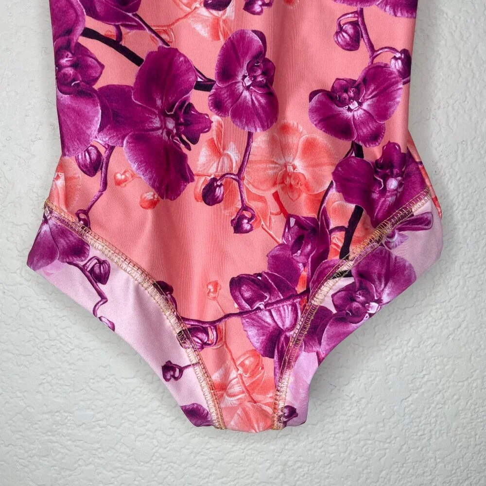 Mar de Lua Girls Orchid Floral Long Sleeve One Piece Swimsuit Size 6